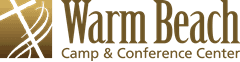 Logo for Warm Beach Camp & Conference Center. Brown text and gold cross design on a cream background.