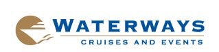 Logo for Waterways Cruises and Events, with a blue wordmark and gold-colored emblem of a boat.