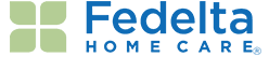 Fedelta Home Care logo: green cross-like graphic and blue text.