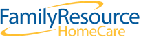 Family Resource HomeCare logo in blue text with gold swooshes.