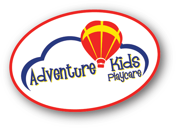 Adventure Kids Playcare logo with red and yellow hot air balloon, blue clouds, and text on a white and red oval.