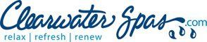 Logo for Clearwater Spas: blue script text with 