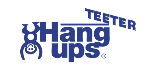 Logo for Teeter Hang Ups: Blue text with a monkey graphic, and 
