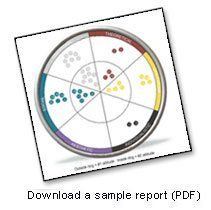 Circular chart with colored sections, dots, and labels; shows data distribution.