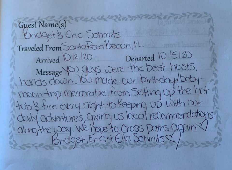 Handwritten guest note on lined paper thanking hosts and mentioning travel from South Bend, Indiana.