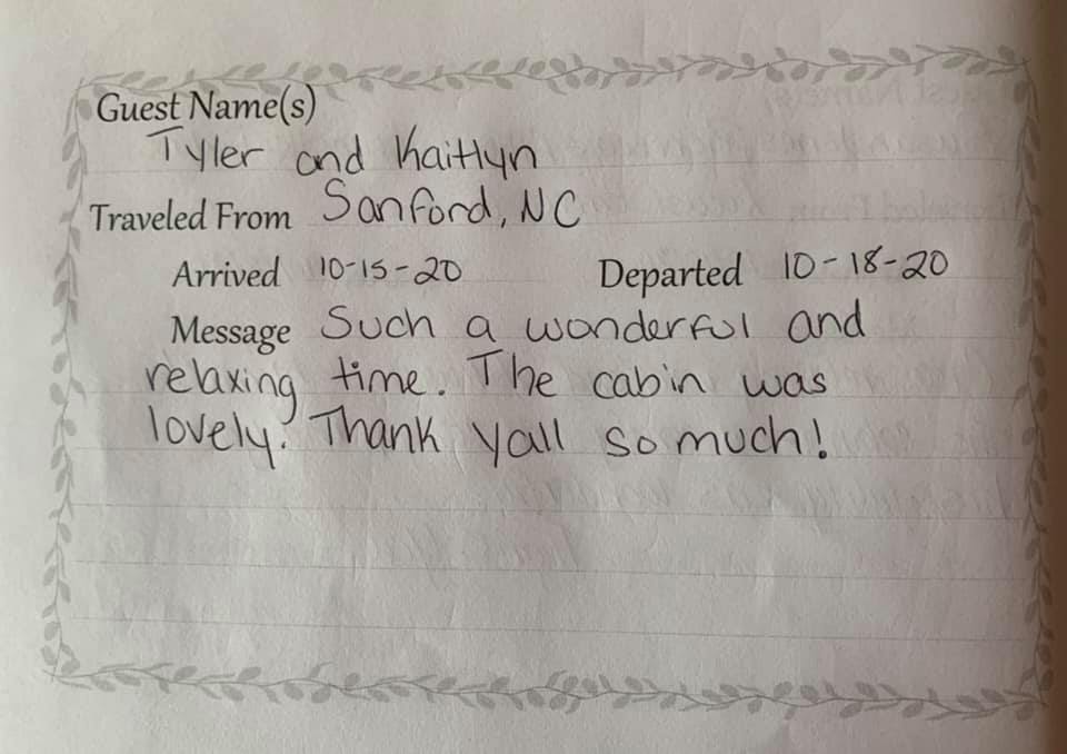 Handwritten cabin guest book note thanking for a wonderful, relaxing stay in Sanford, NC.