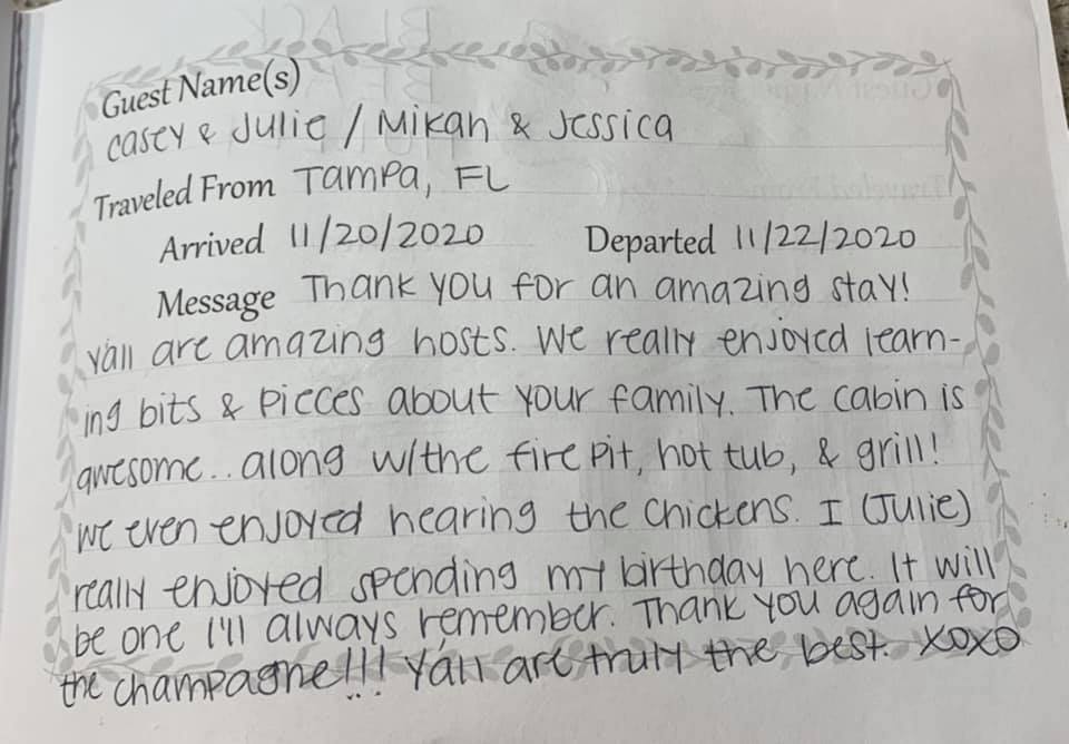 Handwritten guest comment card with notes about a Tampa, FL trip and a December 2020 stay