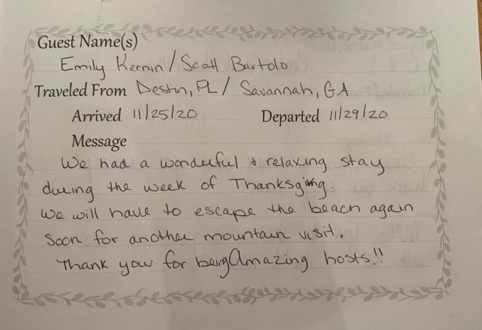 Handwritten guest note on decorative paper thanking hosts for a wonderful stay and escape from life’s woes.