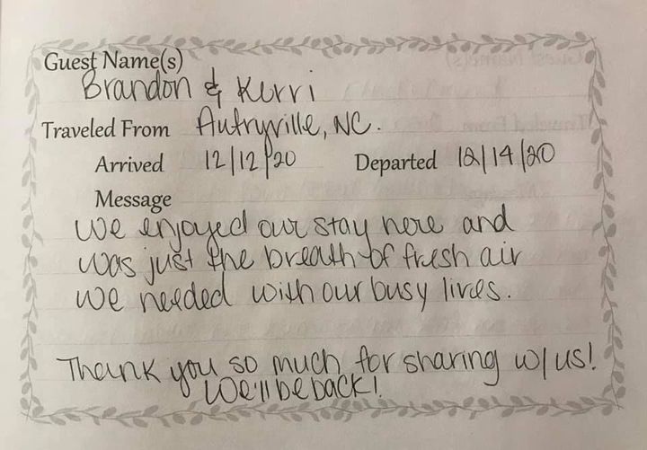 Guestbook entry in black ink thanking the hosts after a stay in Durham, NC.