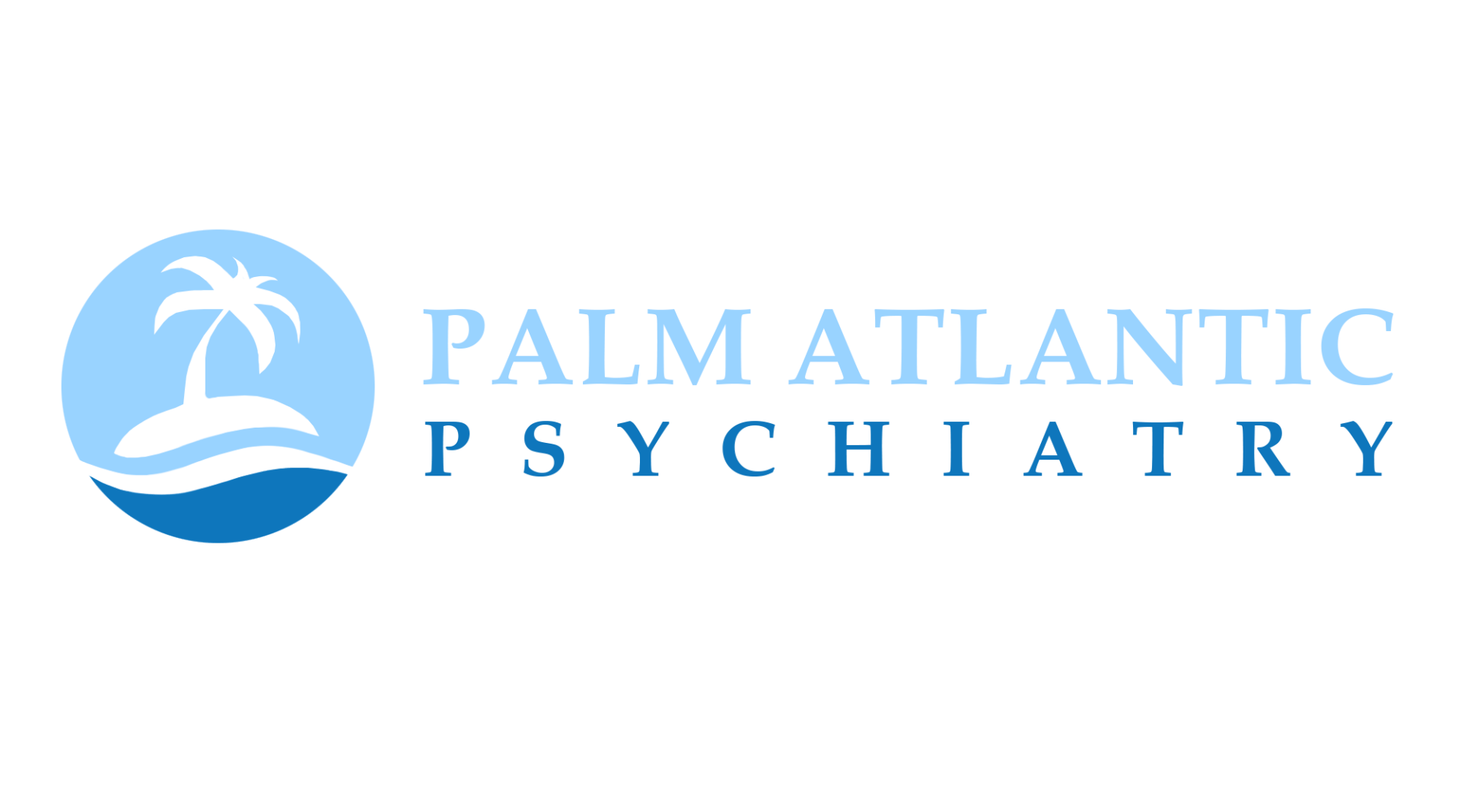 Palm Atlantic Psychiatry logo: Blue circle with palm tree and text