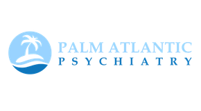Palm Atlantic Psychiatry logo: Blue circle with palm tree and text