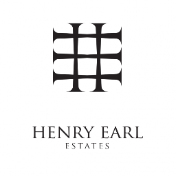 A black and white logo for henry earl estates
