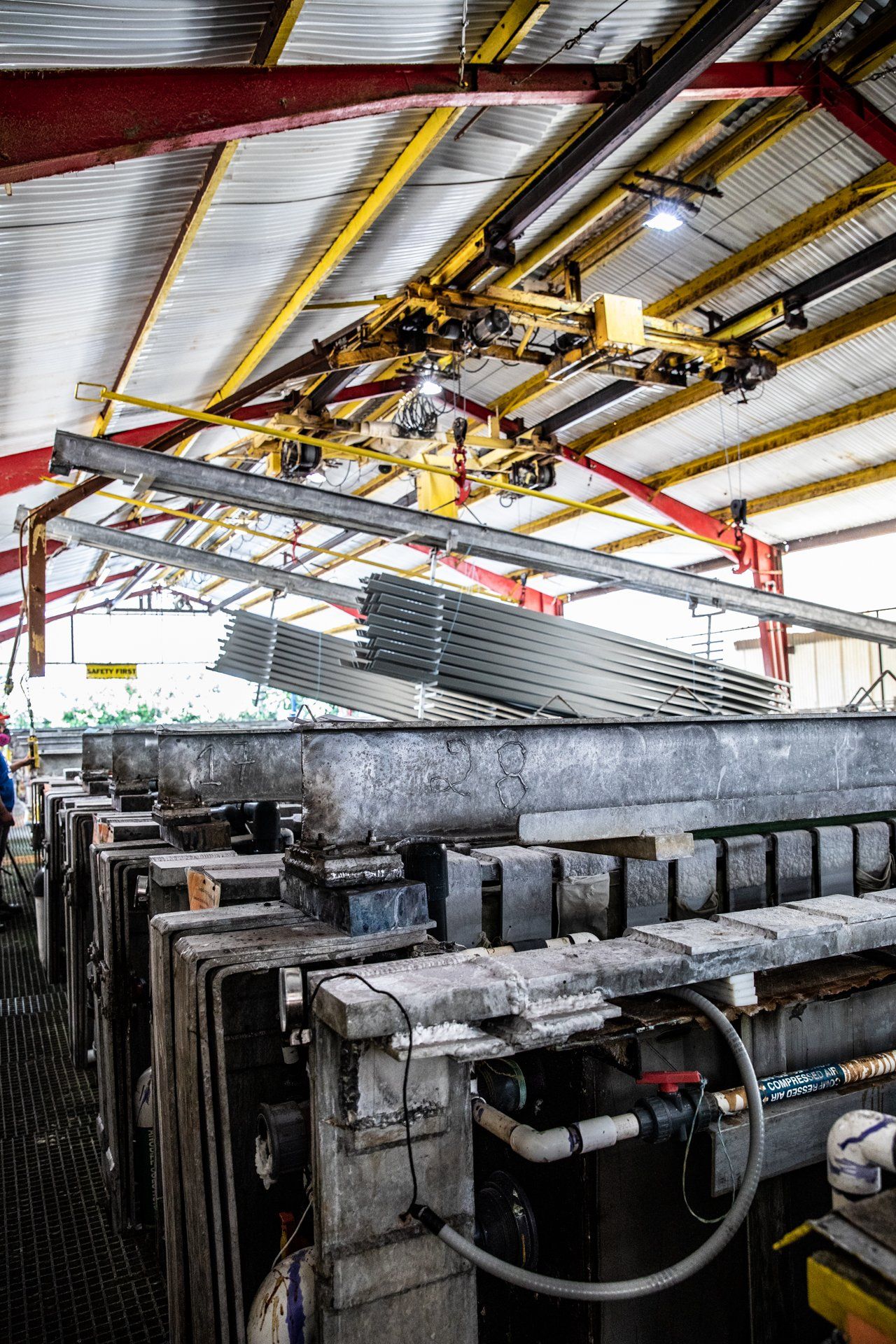 the inside of the warehouse with a lot of metal