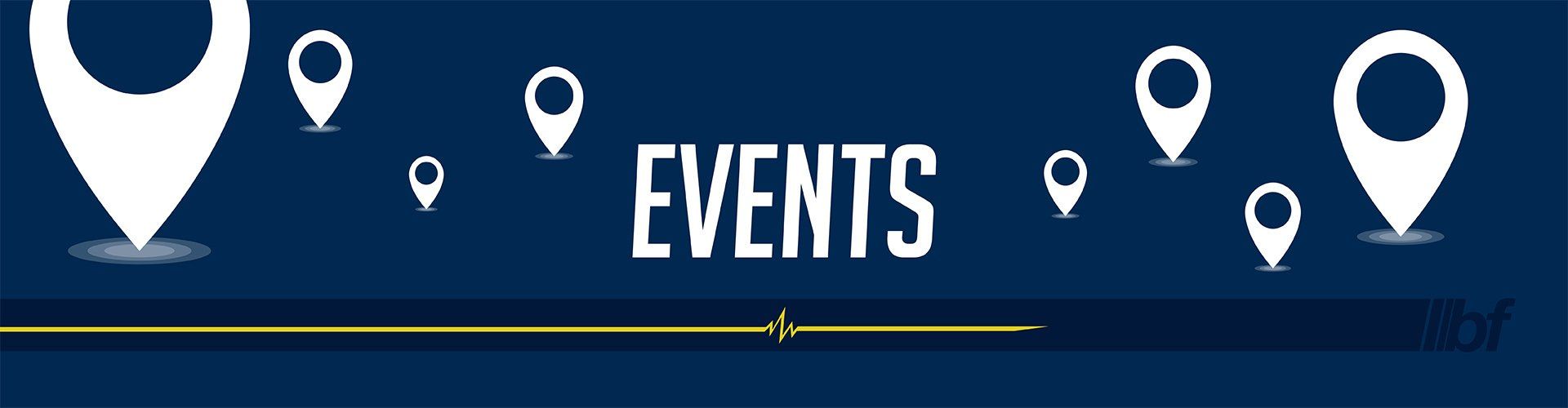 A blue banner with white pins and the word events on it.