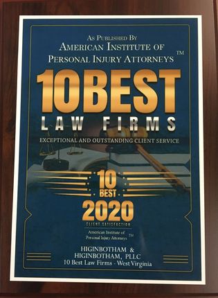 Poster for American Institute of Personal Injury Attorneys “10 Best Law Firms 2020” in gold and blue
