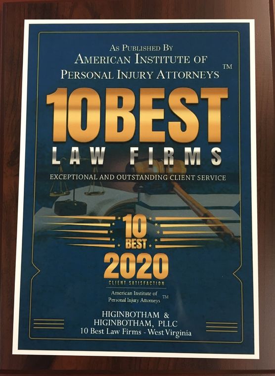 Poster for American Institute of Personal Injury Attorneys “10 Best Law Firms 2020” in gold and blue