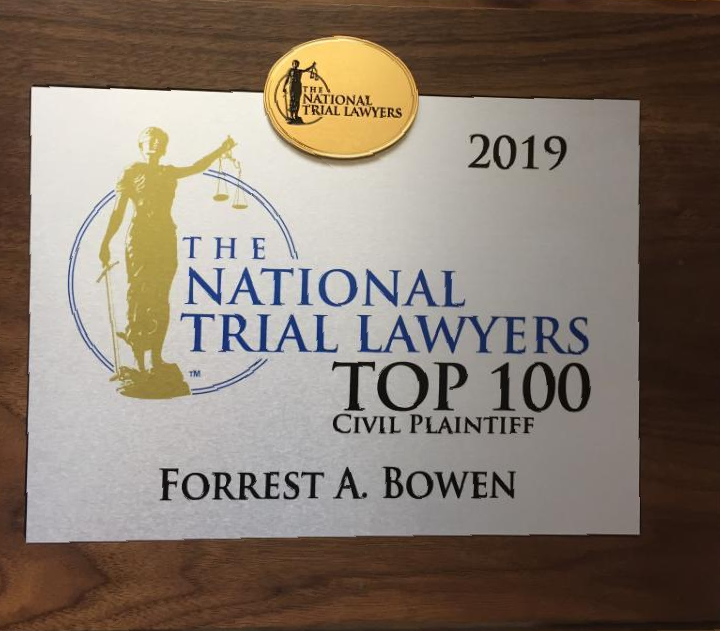 2019 National Trial Lawyers Top 100 Civil Plaintiff plaque for Forrest A. Bowen on a white background