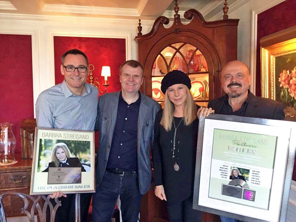 Barbra & her Partners team: Sony U.K. Chairman/CEO Jason Iley; Columbia Chairman Rob Stringer; Streisand; Walter Afanasieff.