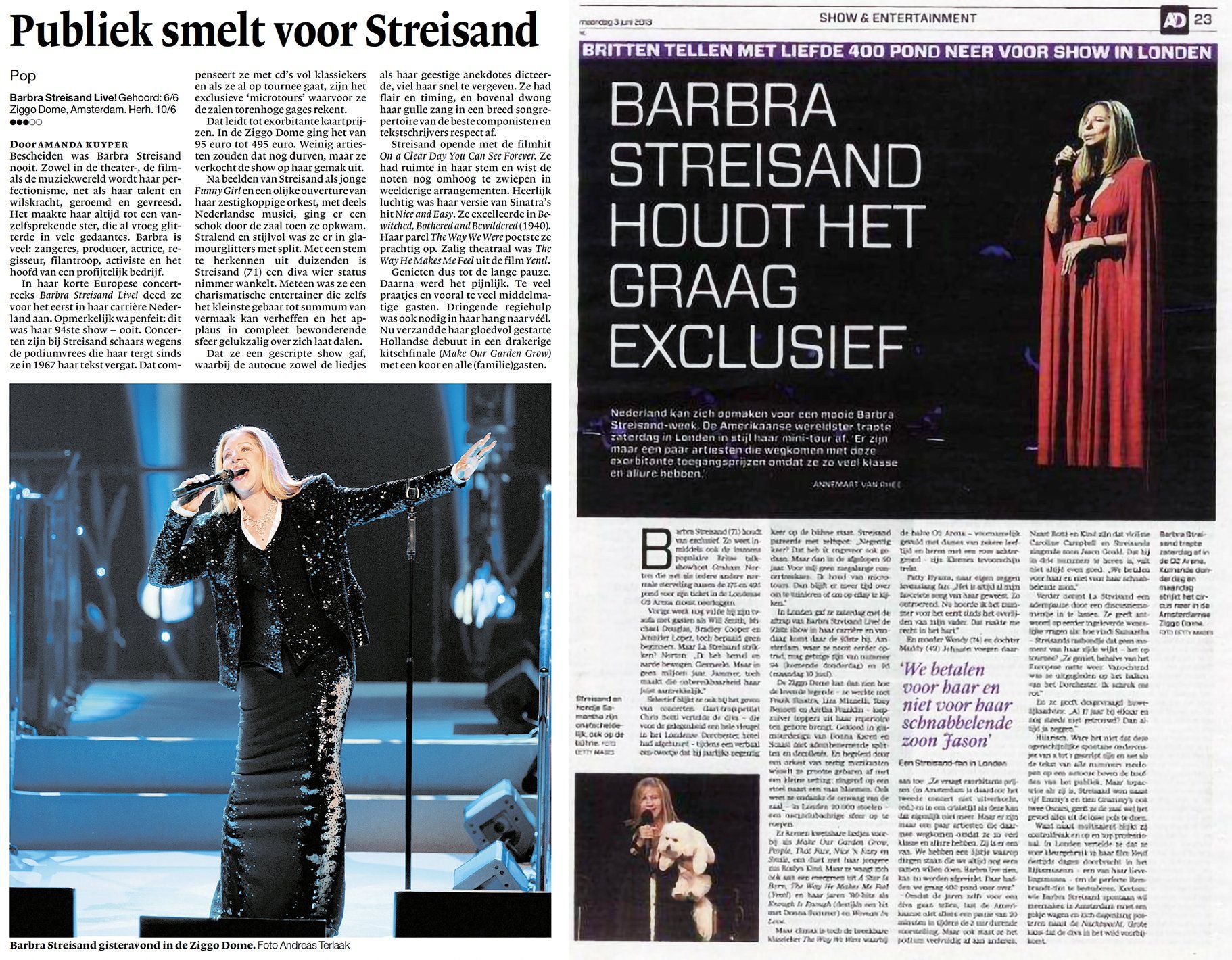 Amsterdam newspaper reviews of Barbra Streisand concert, 2013. Amsterdam newspaper reviews of Barbra Streisand concert, 2013.