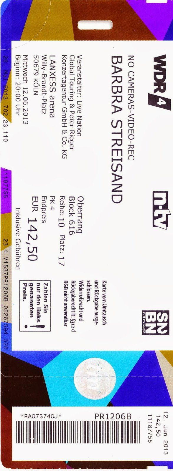 Concert ticket to Cologne 2013 Streisand show Concert ticket to Cologne 2013 Streisand show