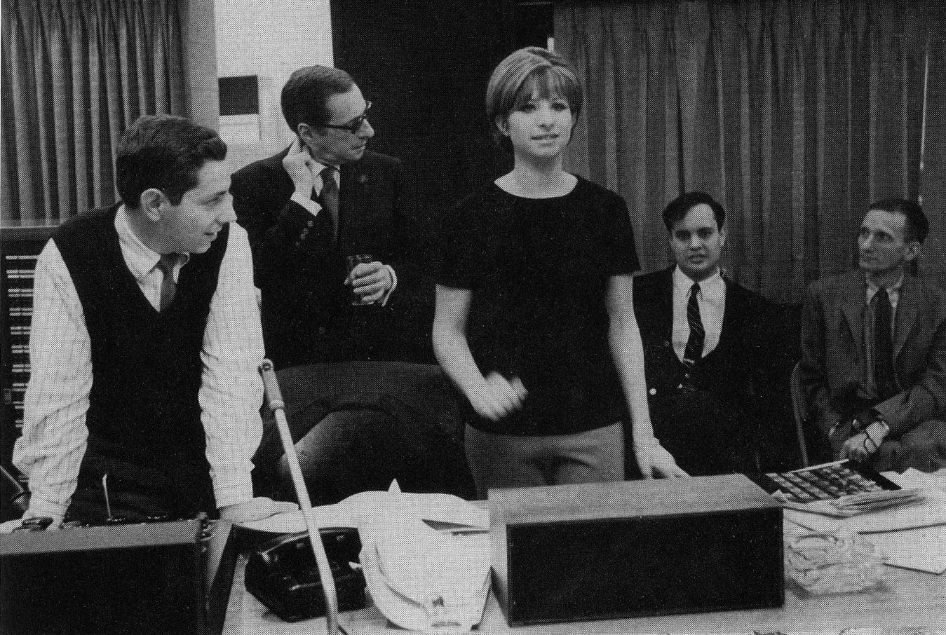 Listening to playback from the album. Left to right: Tom Shepard, Harold Arlen, Streisand, Jonathan Schwartz, Ed Jablonski.