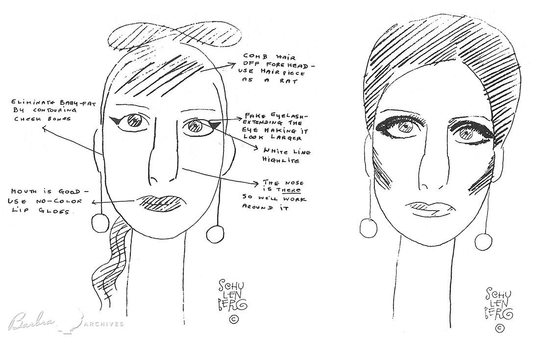 Sketches of Streisand's makeup makeover by Bob Schulenberg Sketches of Streisand's makeup makeover by Bob Schulenberg