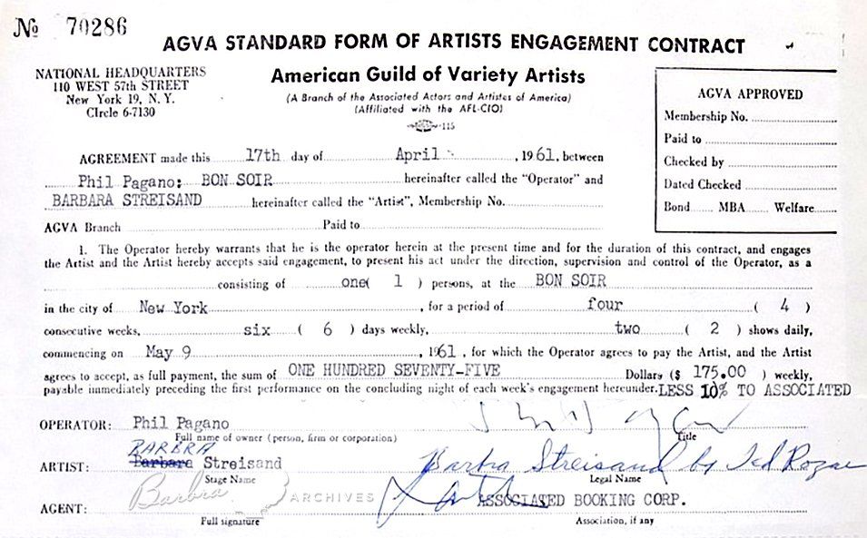 1961 AGVA contract for Streisand to perform at the Bon Soir 1961 AGVA contract for Streisand to perform at the Bon Soir