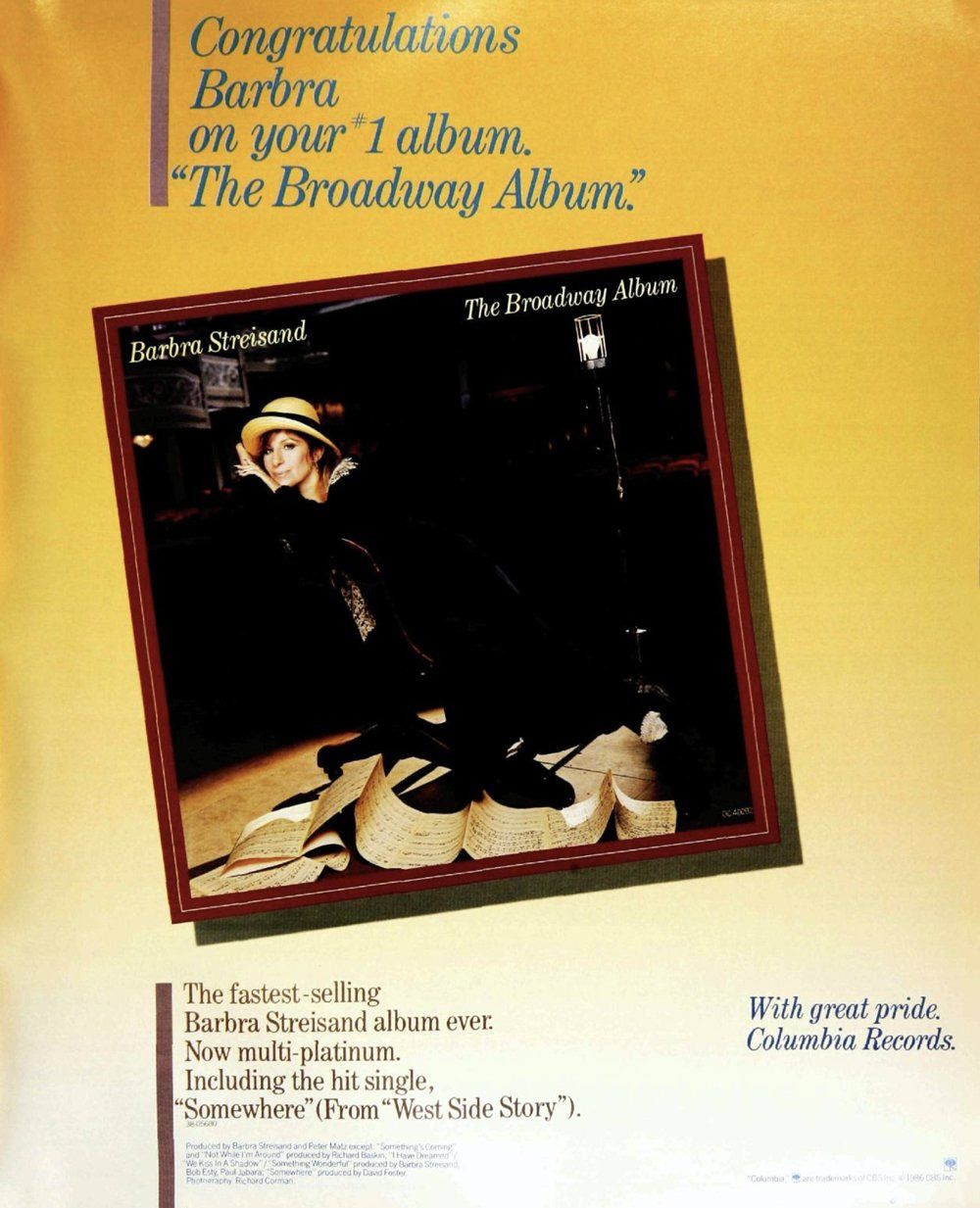 Congratulatory ad from Columbia Records to Streisand for her #1 album.