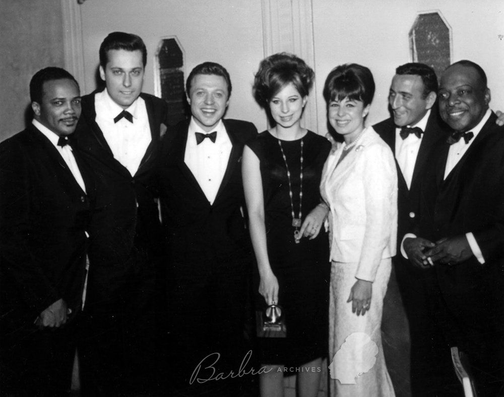 Left-to-right are Quincy Jones, Jack Jones, Steve Lawrence, Barbra, Eydie Gormé, Tony Bennett, and Count Basie. Left-to-right are Quincy Jones, Jack Jones, Steve Lawrence, Barbra, Eydie Gormé, Tony Bennett, and Count Basie.