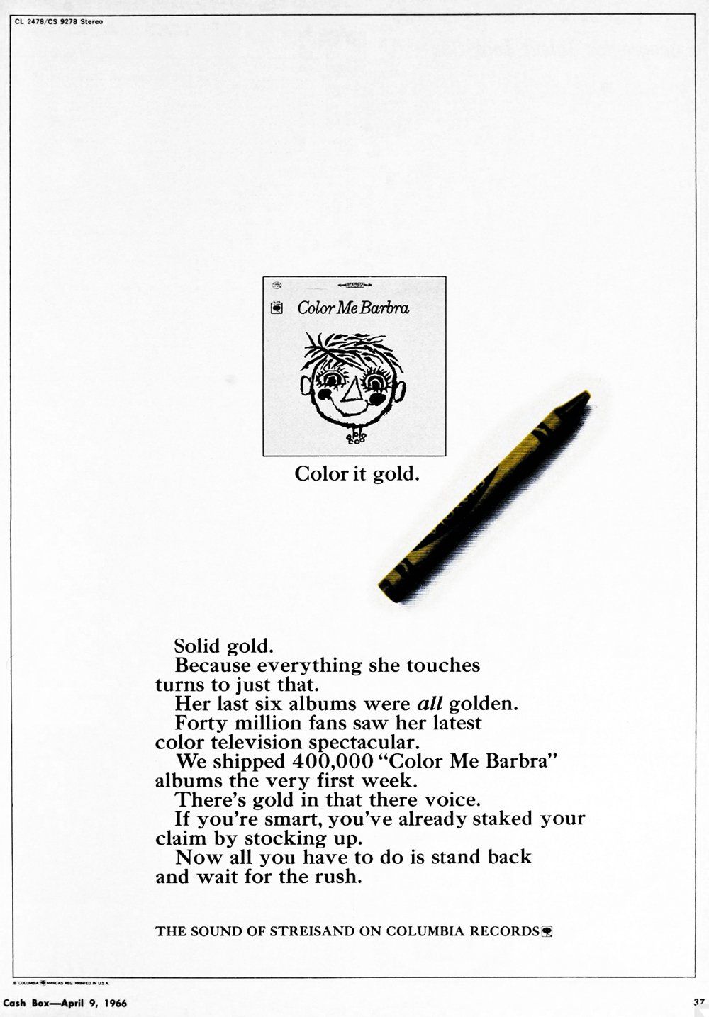 Ad in Cash Box Magazine for Barbra's COLOR ME BARBRA soundtrack album.