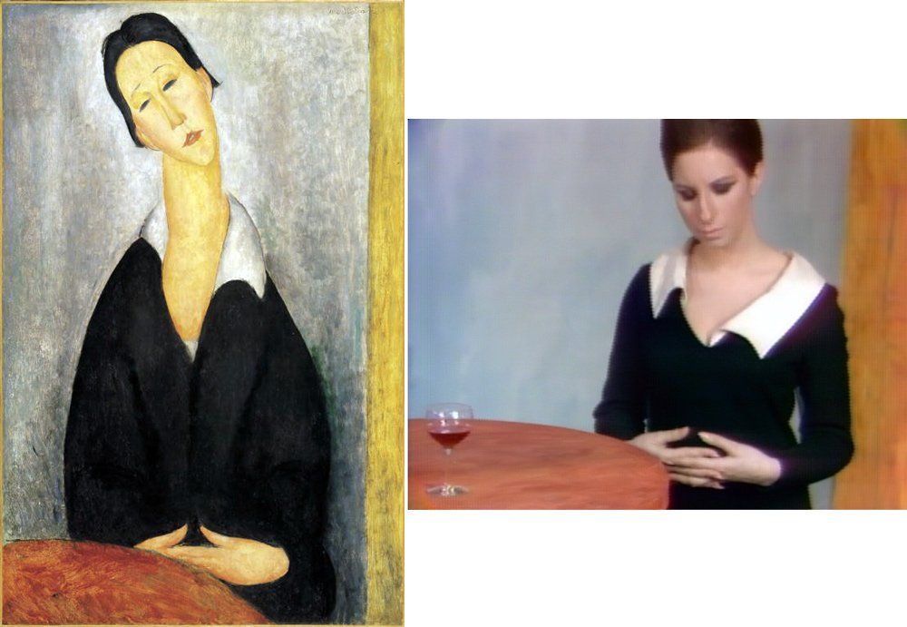 Barbra dressed like a Modigliani painting: she wears a black dress with an off-kilter white collar and her hair slicked back.