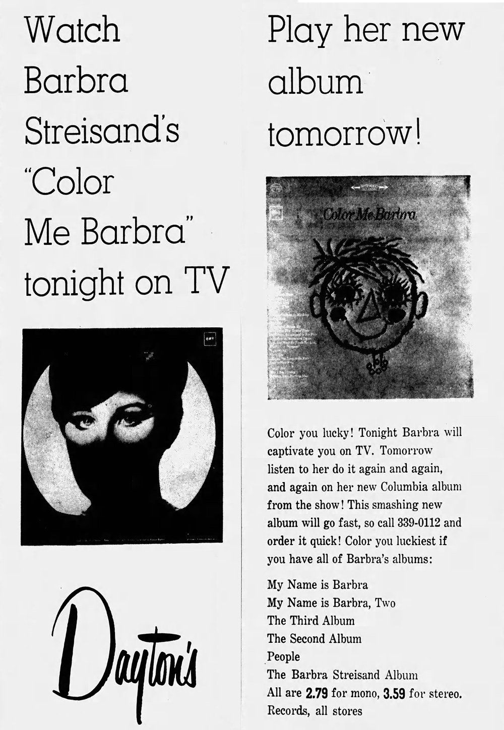 A newspaper ad that says: 'Watch Barbra Streisand's Color Me Barbra tonight on TV ... Play her new album tomorrow!