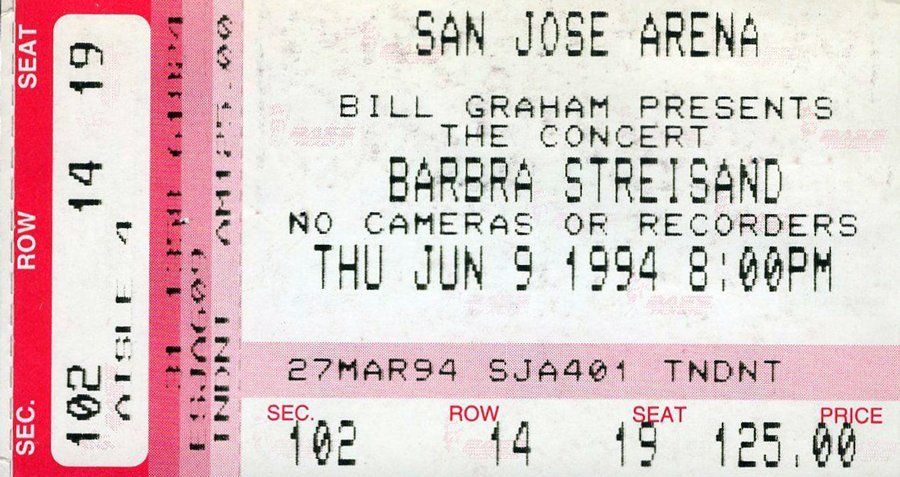 1994 Streisand San Jose Arena ticket stub. 1994 Streisand San Jose Arena ticket stub.