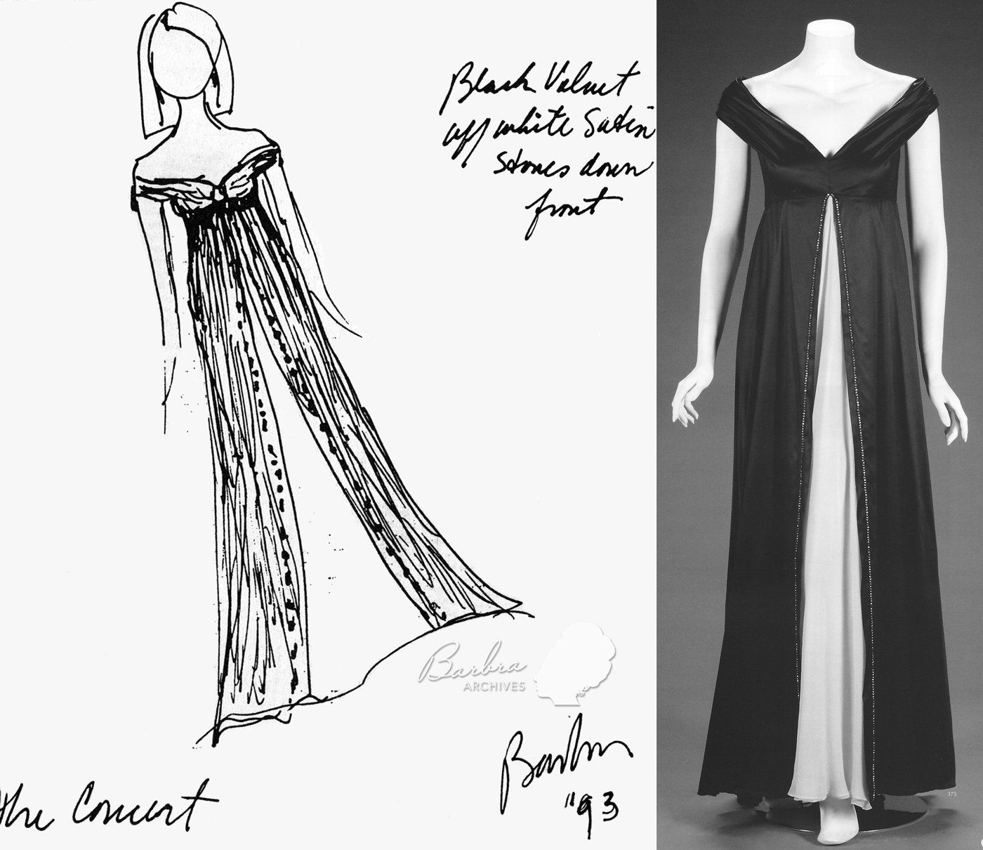 Streisand's original sketch of her MGM Grand gown, next to a photograph of the final gown she wore. Streisand's original sketch of her MGM Grand gown, next to a photograph of the final gown she wore.