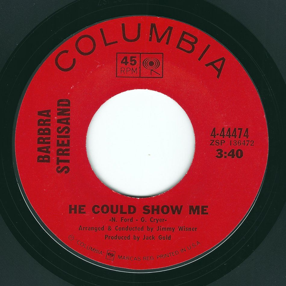 Red Columbia record label for Barbara Streisand’s “He Could Show Me,” red and black