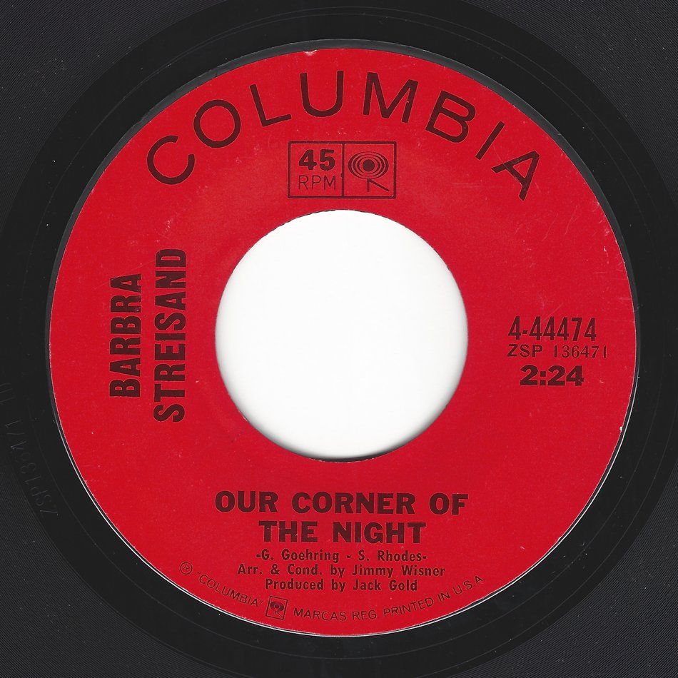 Red Columbia 45 RPM record label for Barbra Streisand’s “Our Corner of the Night”