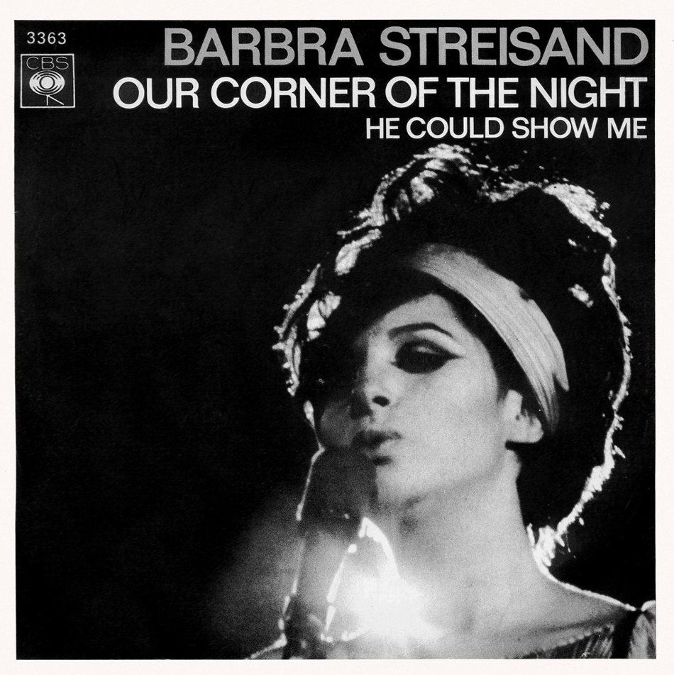 Black-and-white Barbra Streisand album cover for “Our Corner of the Night” and “He Could Show Me.”