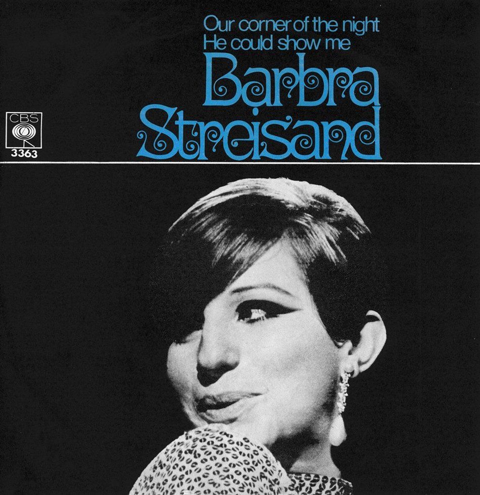 Barbra Streisand album cover with black-and-white portrait and blue title text on black background