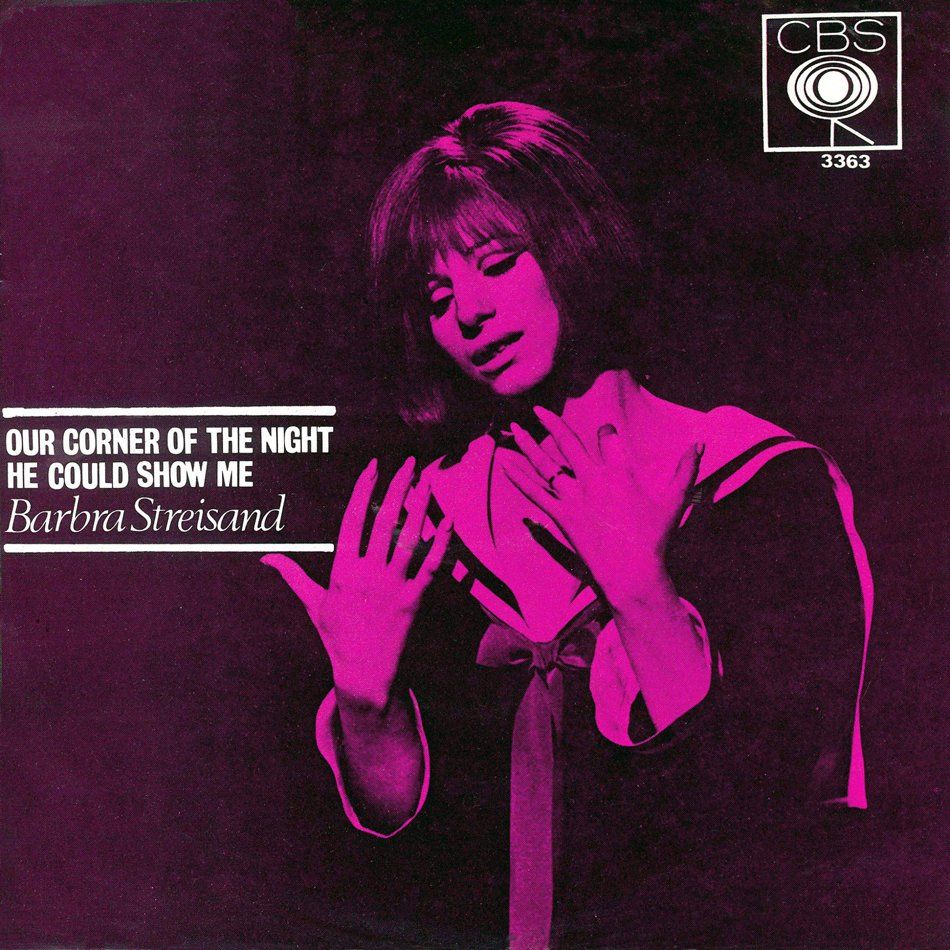 Barbra Streisand album cover in magenta and black, singing pose, with CBS logo and title text