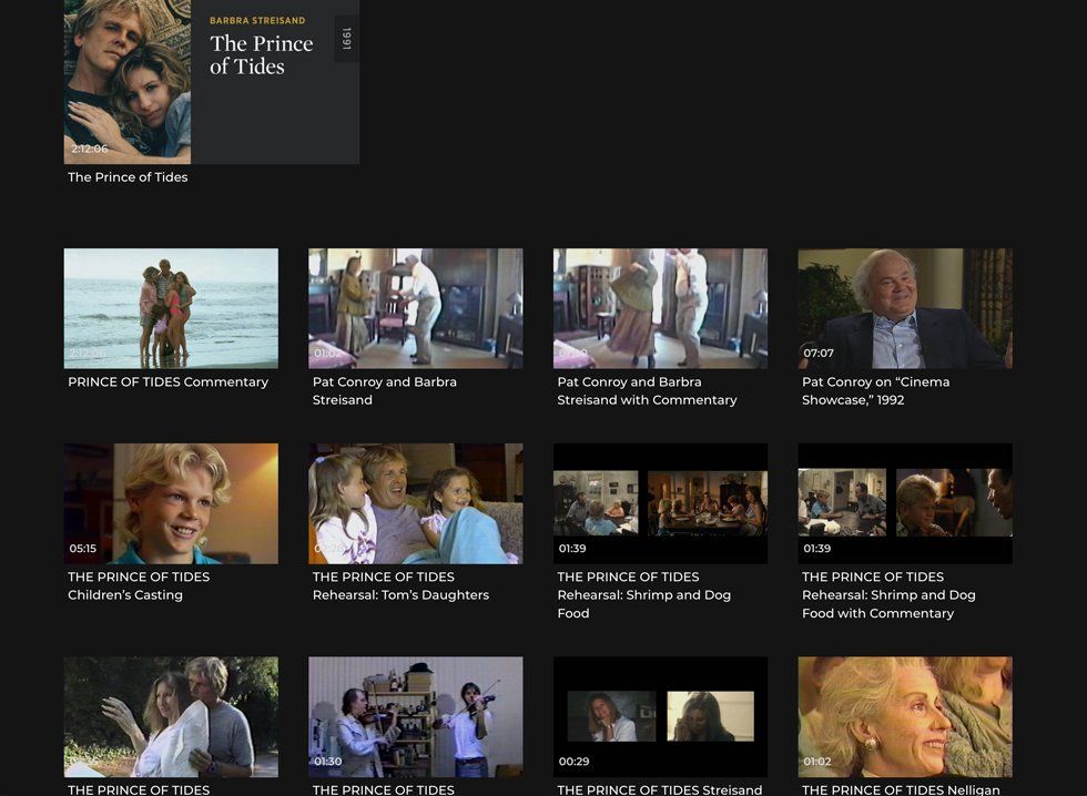 Criterion Channel page with Prince of Tide bonus features.
