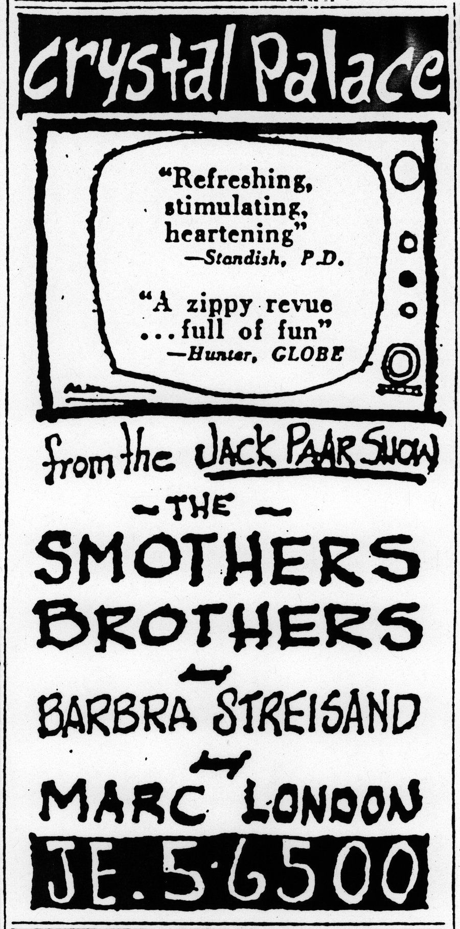 Caucus Club newspaper ad with Barbra Streisand listed Crystal Palace newspaper ad with Streisand