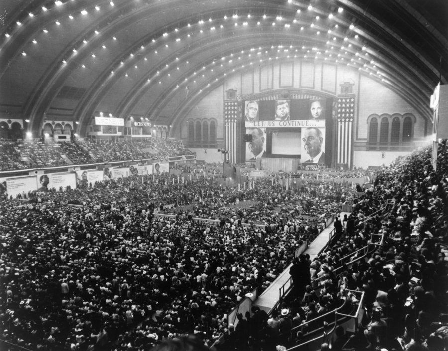 Wide view of thousands of people at Democratic Convention
