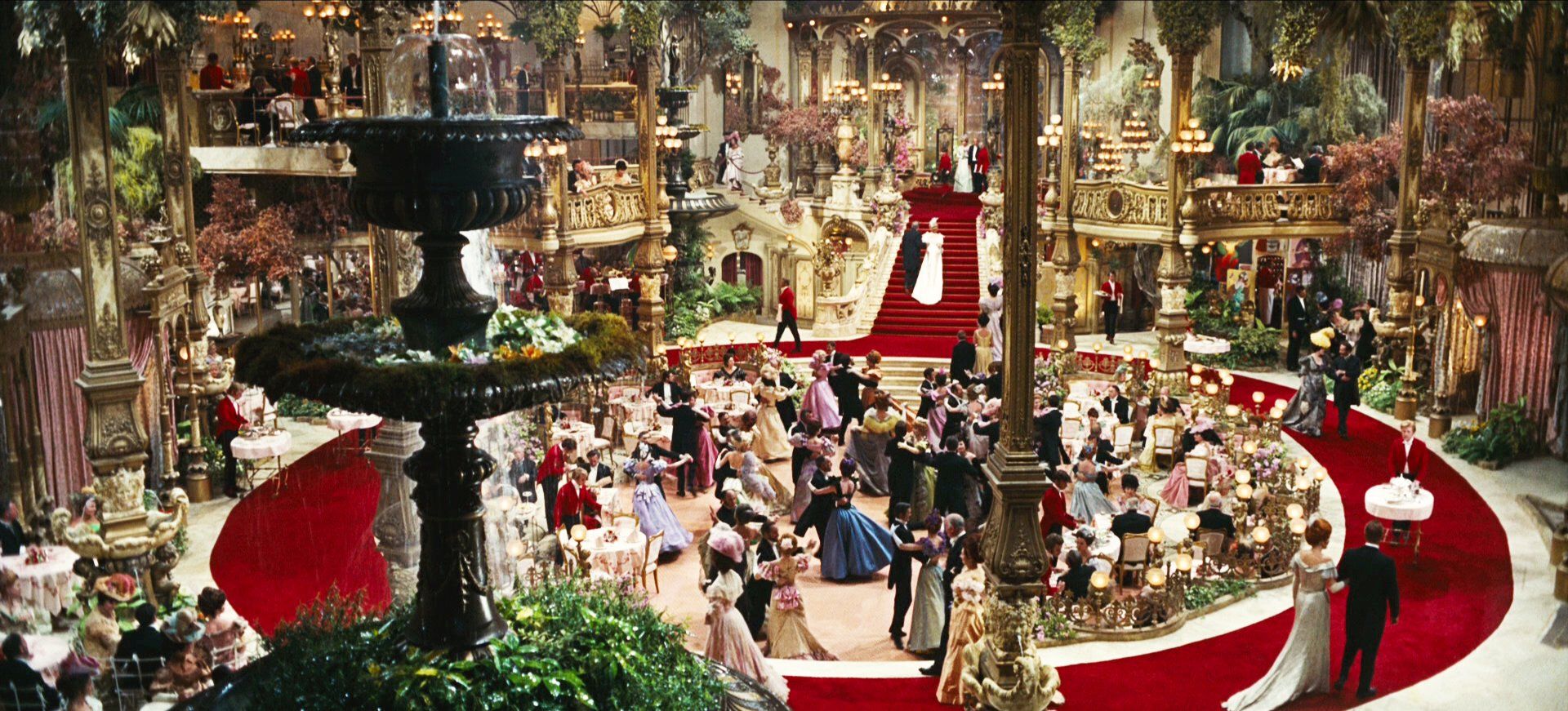 Wide shot of the elaborate Harmonia Gardens set