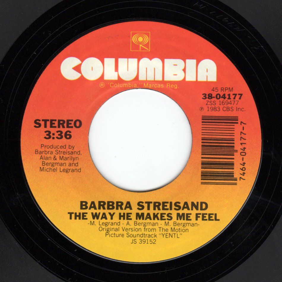 Close-up of a Columbia Records 45 RPM label for Barbra Streisand’s “The Way He Makes Me Feel”