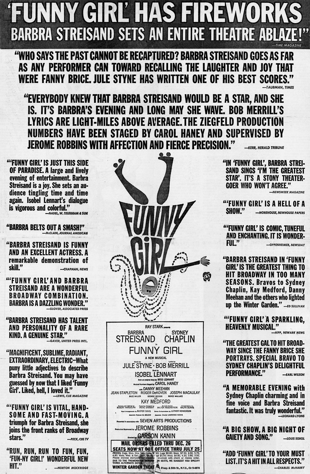 Newspaper ad for FUNNY GIRL featuring quotes from reviews Newspaper ad for FUNNY GIRL featuring quotes from reviews