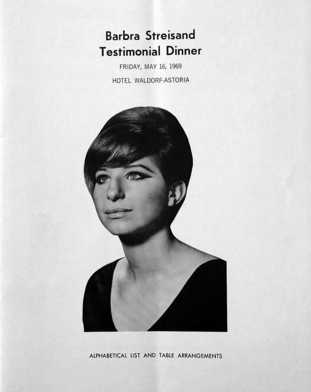 Barbra Streisand testimonial dinner program cover with black-and-white portrait and event text