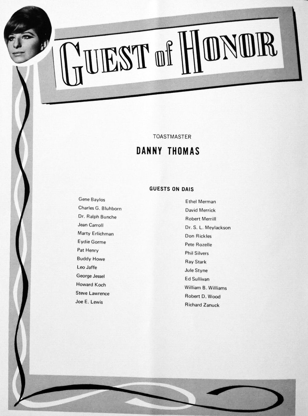 Guest of Honor page of the program with a black-and-white portrait and columns of names.