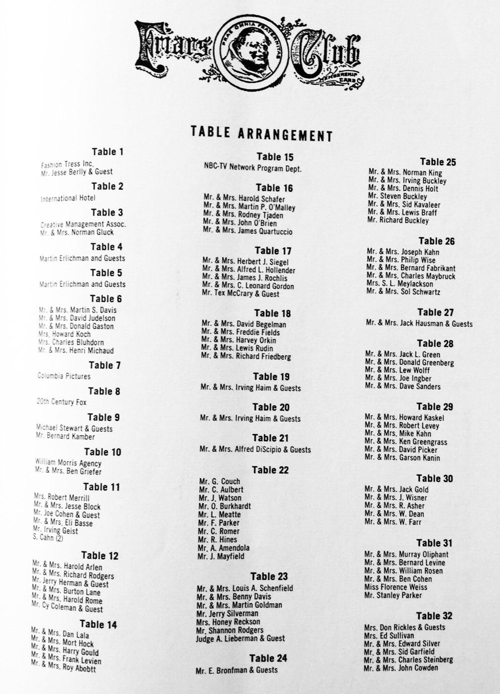 Flyer with a “Table Arrangements” schedule and multiple time slots in three columns