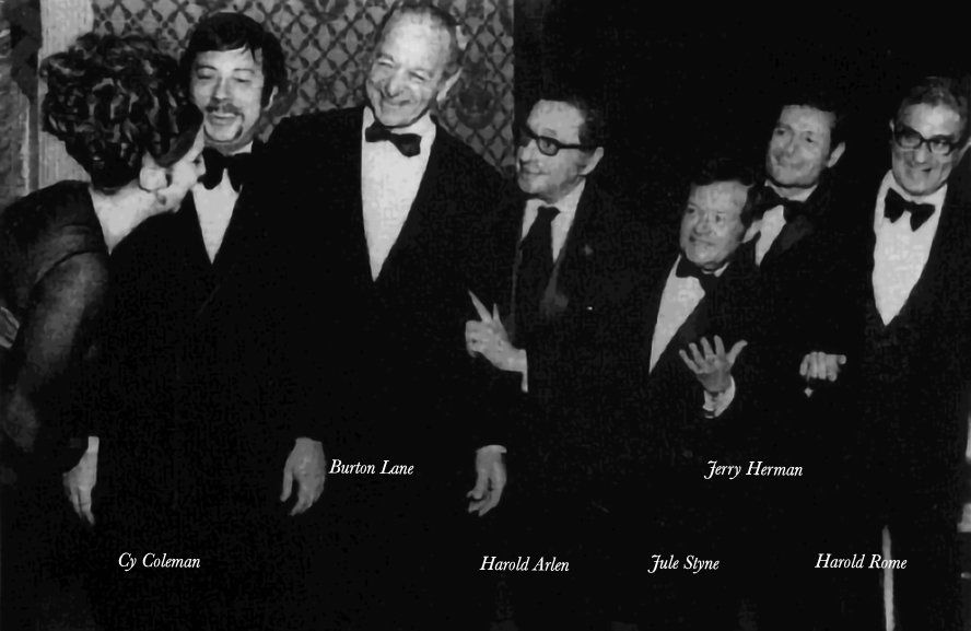 Streisand posing with Coleman, Lane, Arlen, Styne, Herman and Rome.