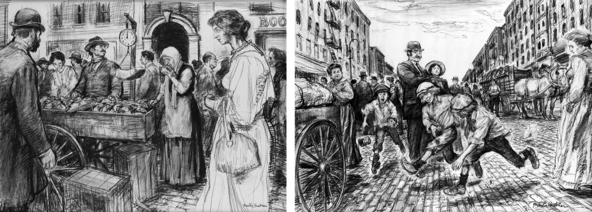 Huebner's drawings of Henry Street atmosphere for Funny Girl.
